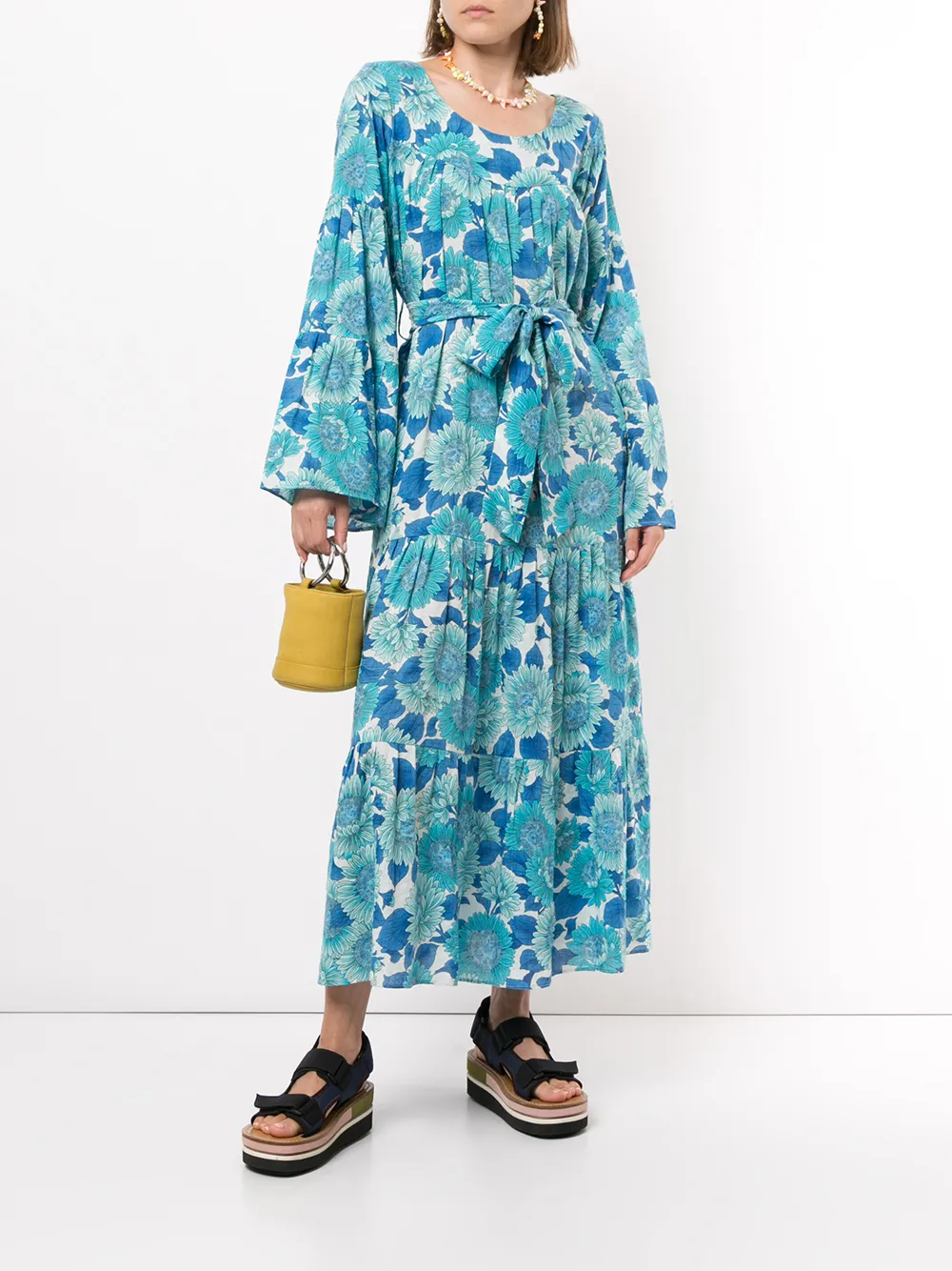 Bambah Kaftan met zonnebloemprint Blauw
