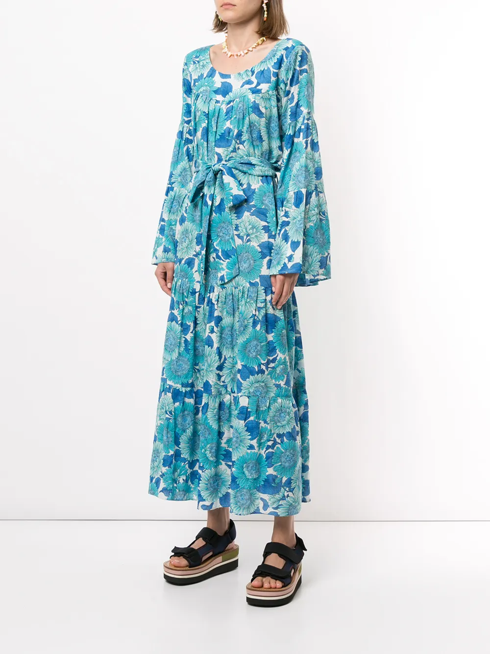 Bambah Kaftan met zonnebloemprint Blauw