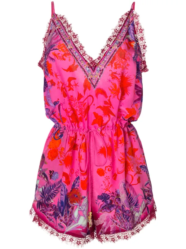 neon pink denim playsuit