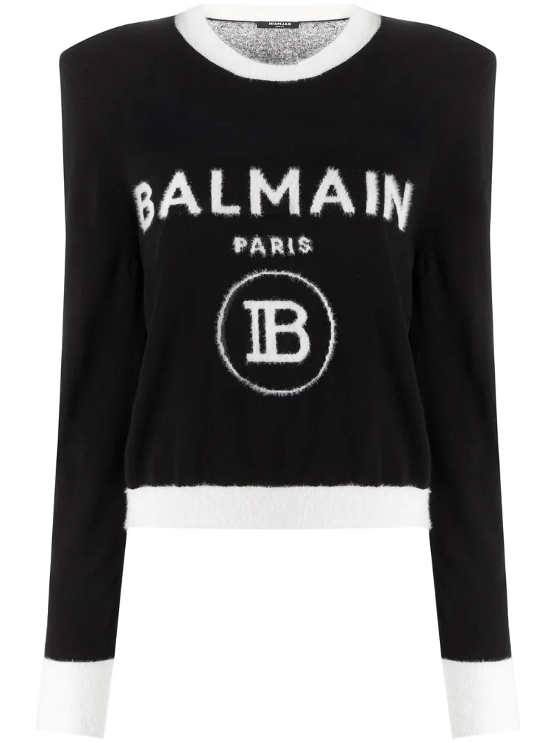 Click to view more detailed imagery on our partner's website Balmain Logo-jacquard Shoulder-pad Jumper In Black