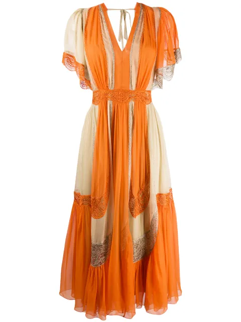 Alberta Ferretti colour block embroidered detail silk dress