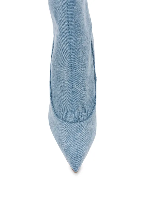 blue denim thigh high boots