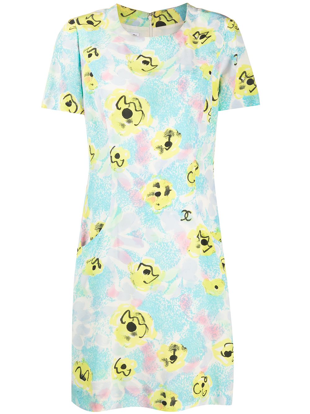 Pre-owned Chanel Floral Print Mini Dress In Blue