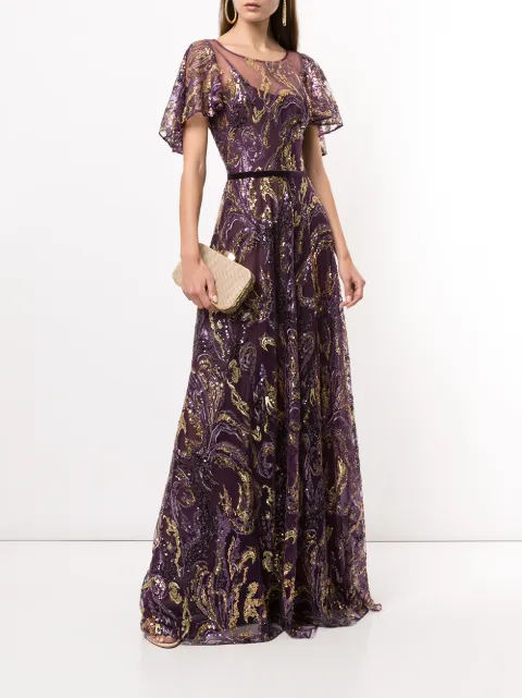 marchesa draped sleeve printed chiffon gown