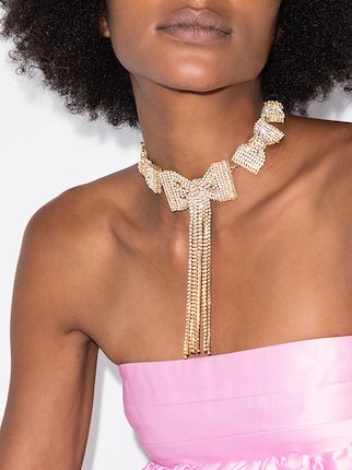 Gold tone crystal bow choker necklace展示图