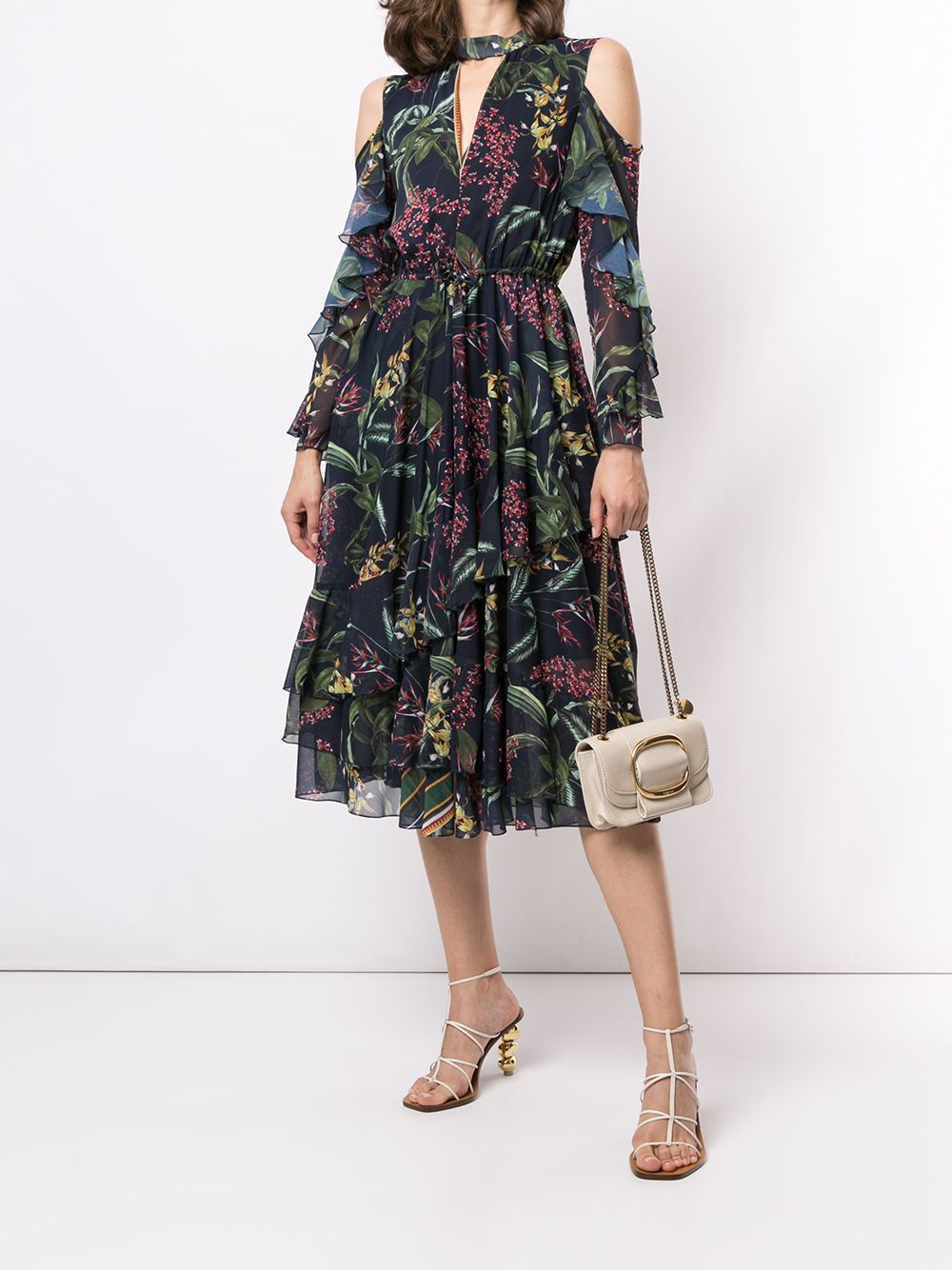 Marchesa Notte Cold Shoulder Ruffle Printed Dress - Farfetch