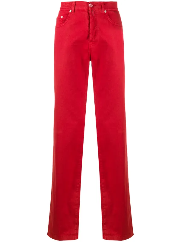 red straight leg jeans