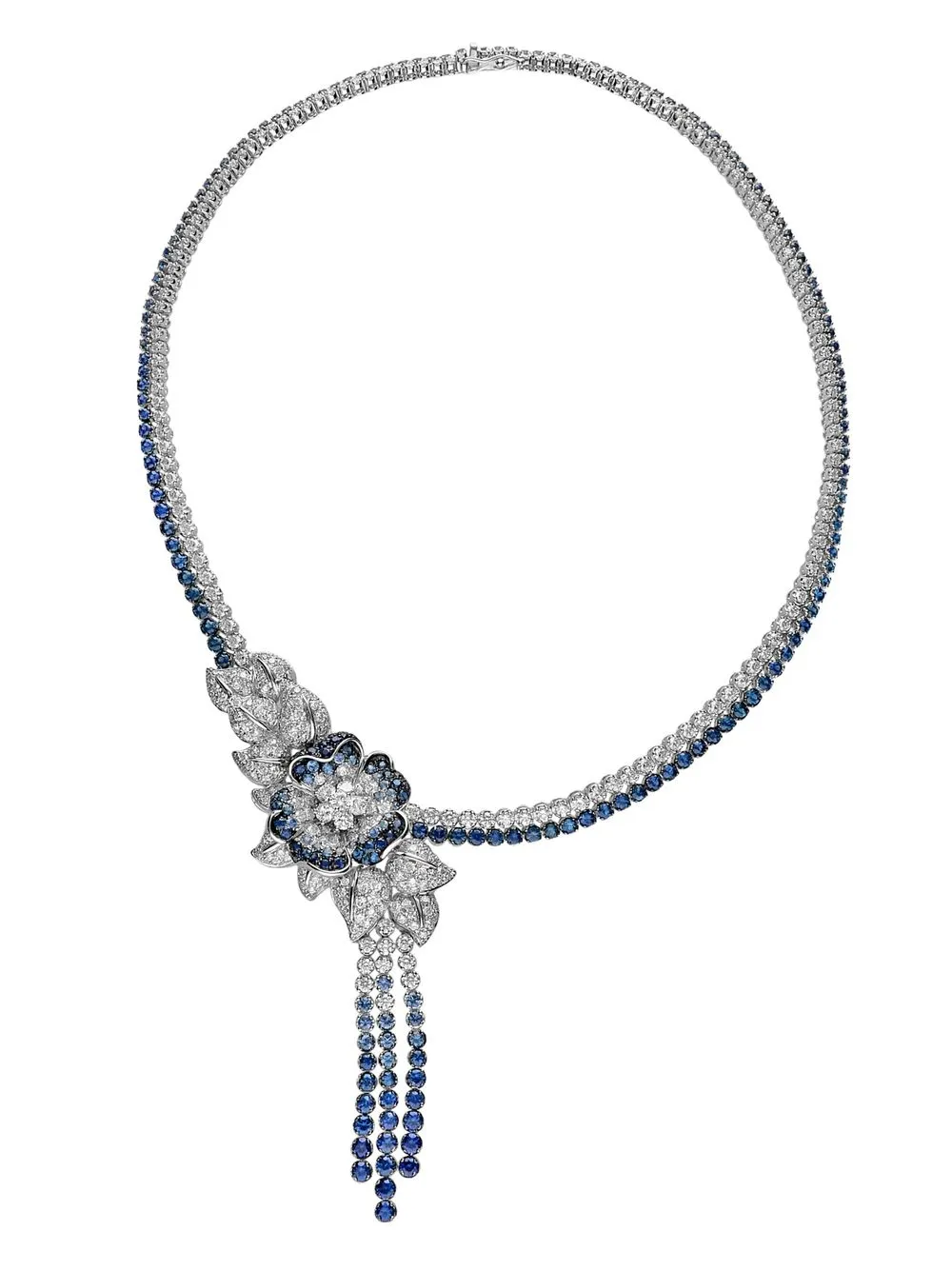 

LEO PIZZO collar Flora en oro blanco de 18kt con diamantes y zafiros azules - Plateado