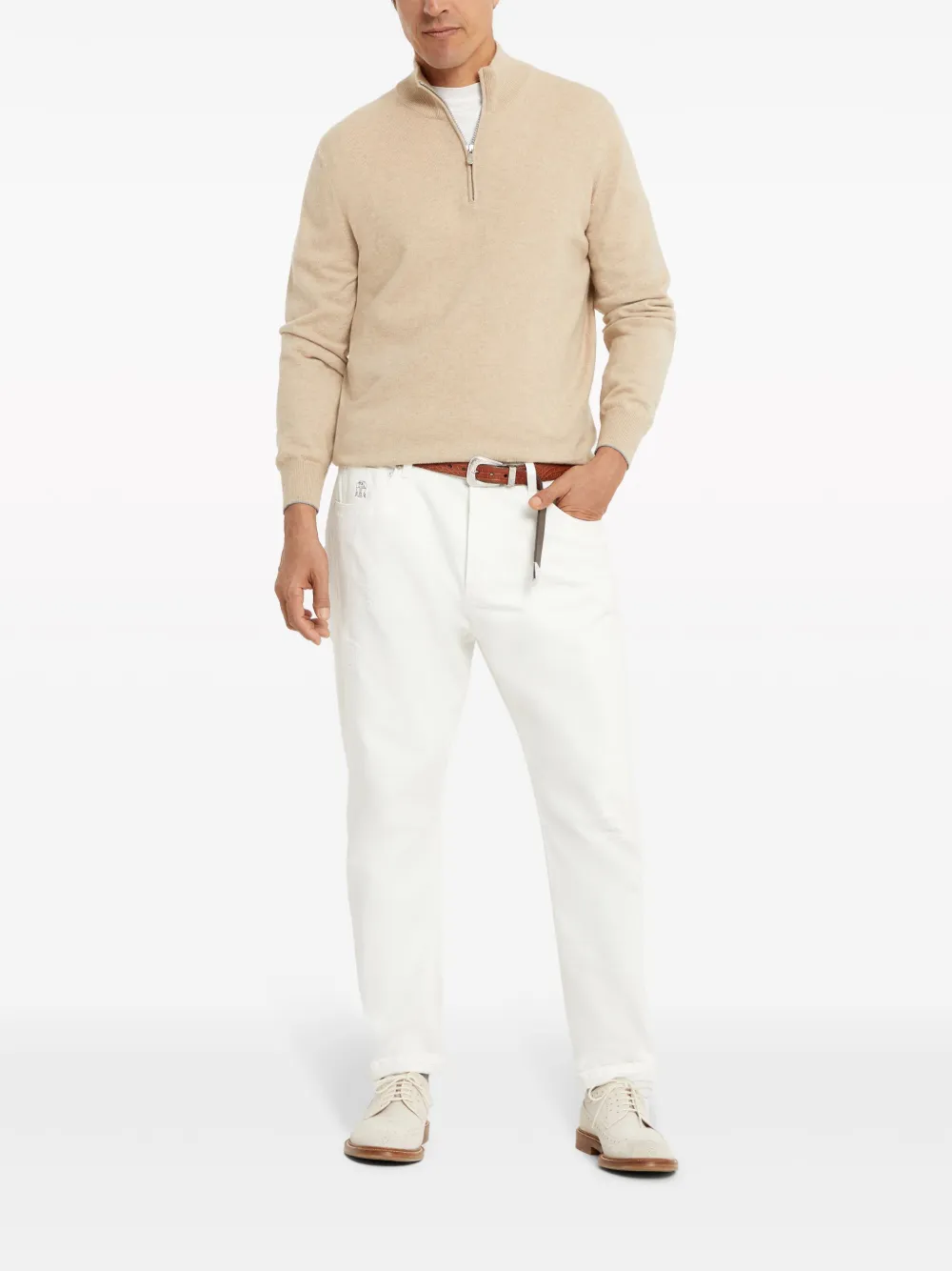 Brunello Cucinelli High Neck Zip Front Sweatshirt In Neutrals