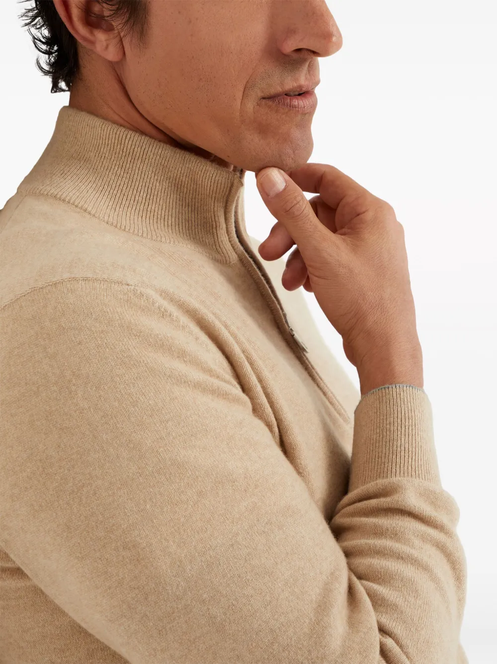 Brunello Cucinelli High Neck Zip Front Sweatshirt In Neutrals