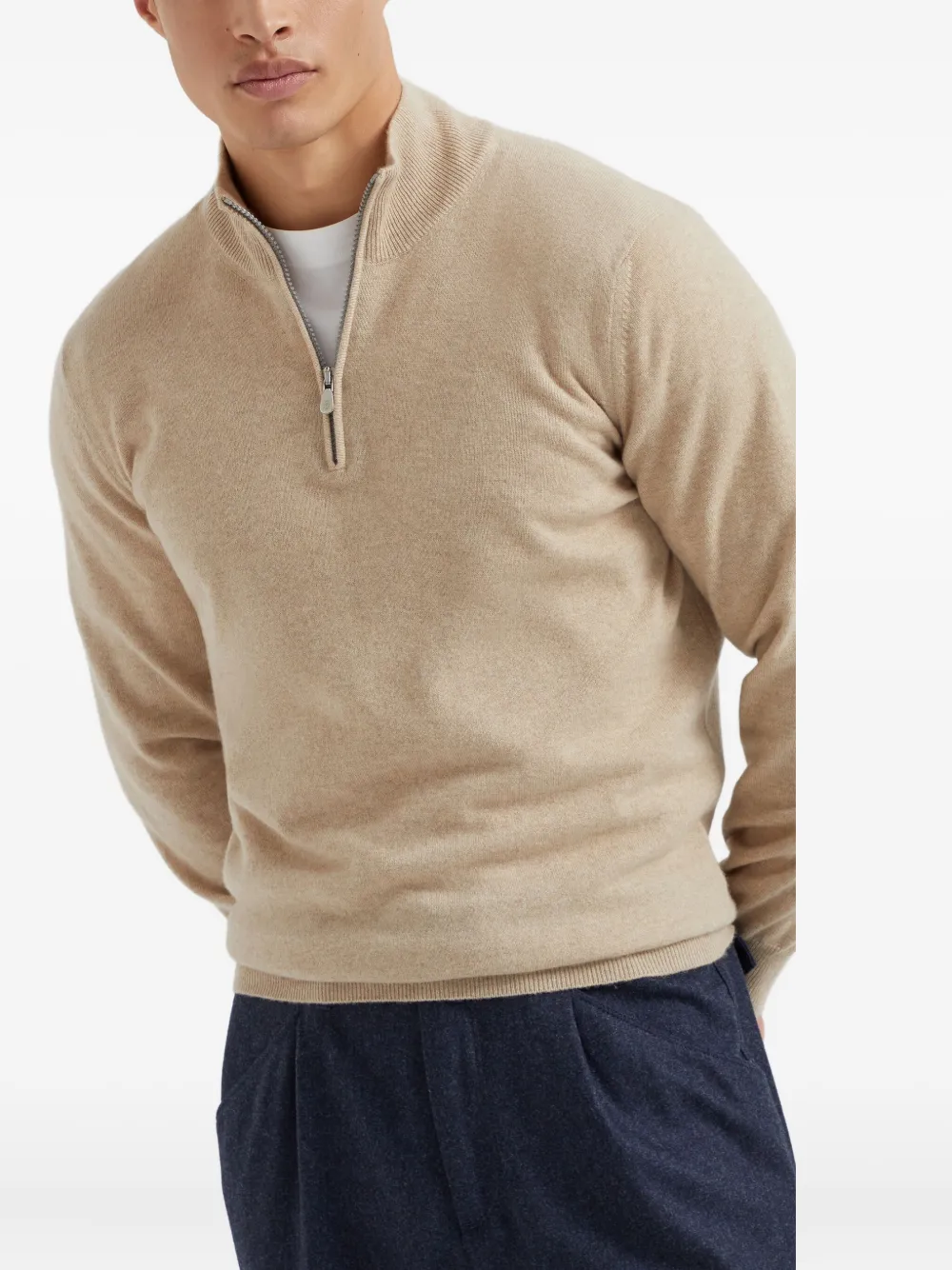  Brunello Cucinelli High Neck Zip Front Sweatshirt - Neutrals 