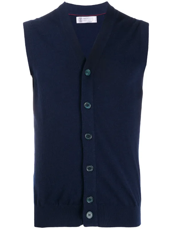 blue sleeveless cardigan