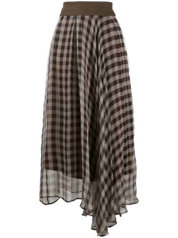 Shop Brown Neutral Brunello Cucinelli Gingham Print Asymmetric Skirt With Express Delivery Farfetch