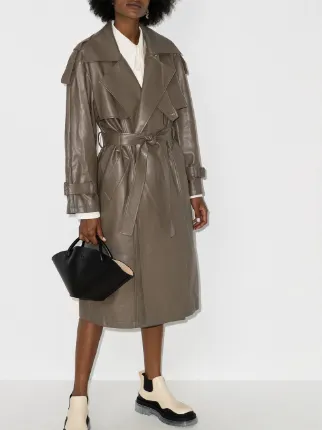 belted faux leather trench coat展示图