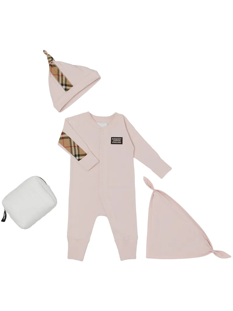 Click to view more detailed imagery on our partner's website Burberry Check Trim Organic Cotton Three-piece Baby Gift Set In Pink