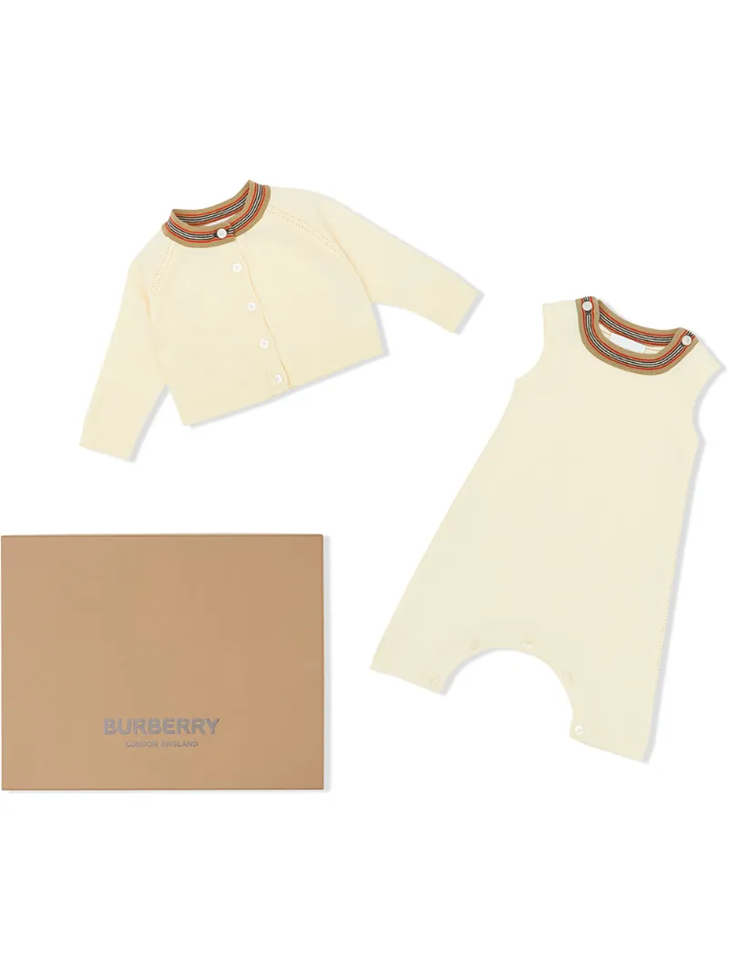 Click to view more detailed imagery on our partner's website Burberry Icon Stripe Babygrow Set In Neutrals