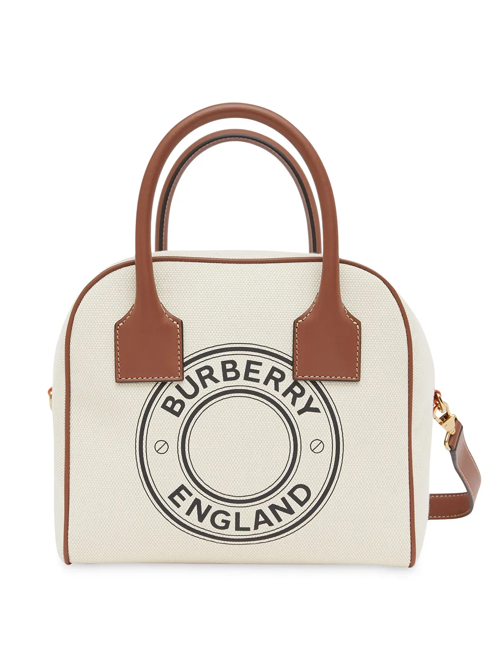 Click to view more detailed imagery on our partner's website Burberry Women's Small Cube Logo Canvas Bowling Bag In Neutrals