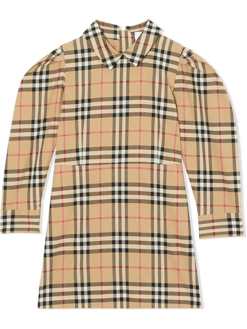 Click to view more detailed imagery on our partner's website Burberry Kids' Puff-sleeve Vintage Check Cotton Dress In Neutrals