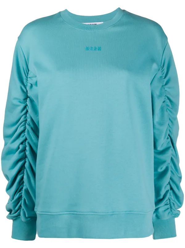blue ruched sleeve hoodie
