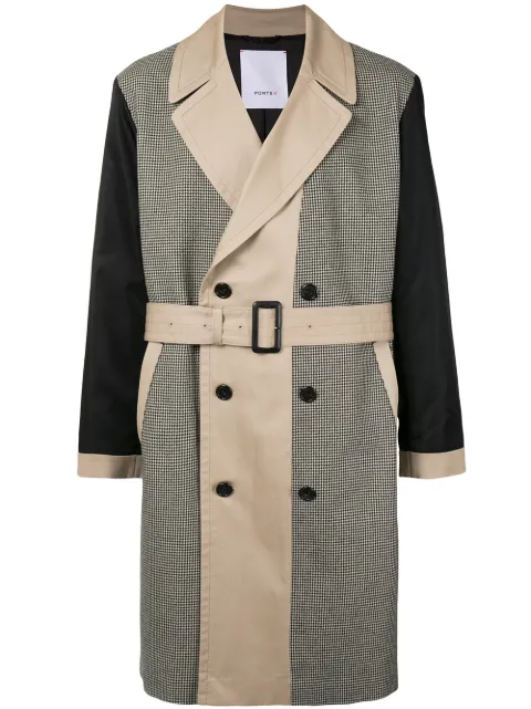 Ports V houndstooth-pattern panelled trench coat 