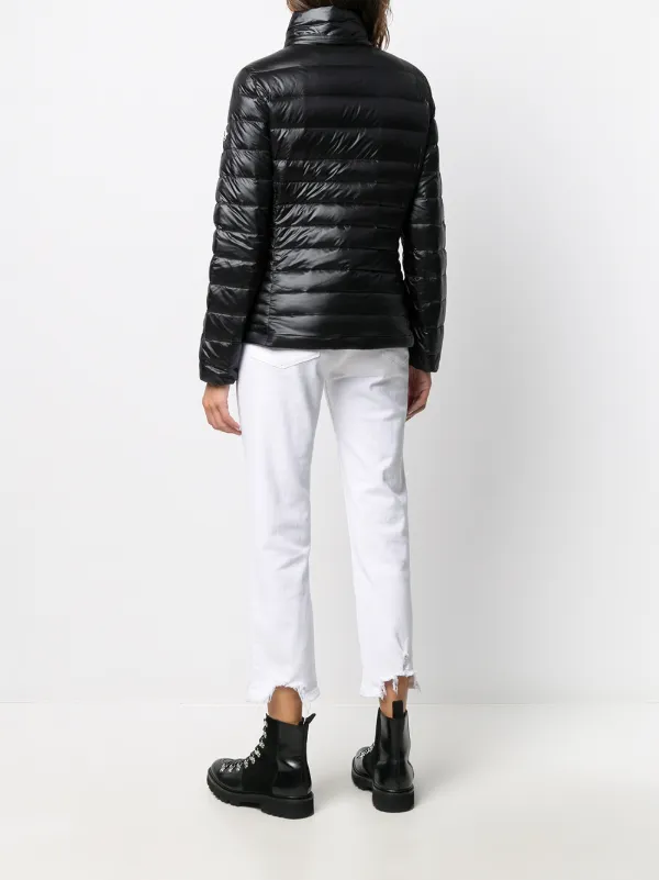 black hooded puffer jacket with funnel neck