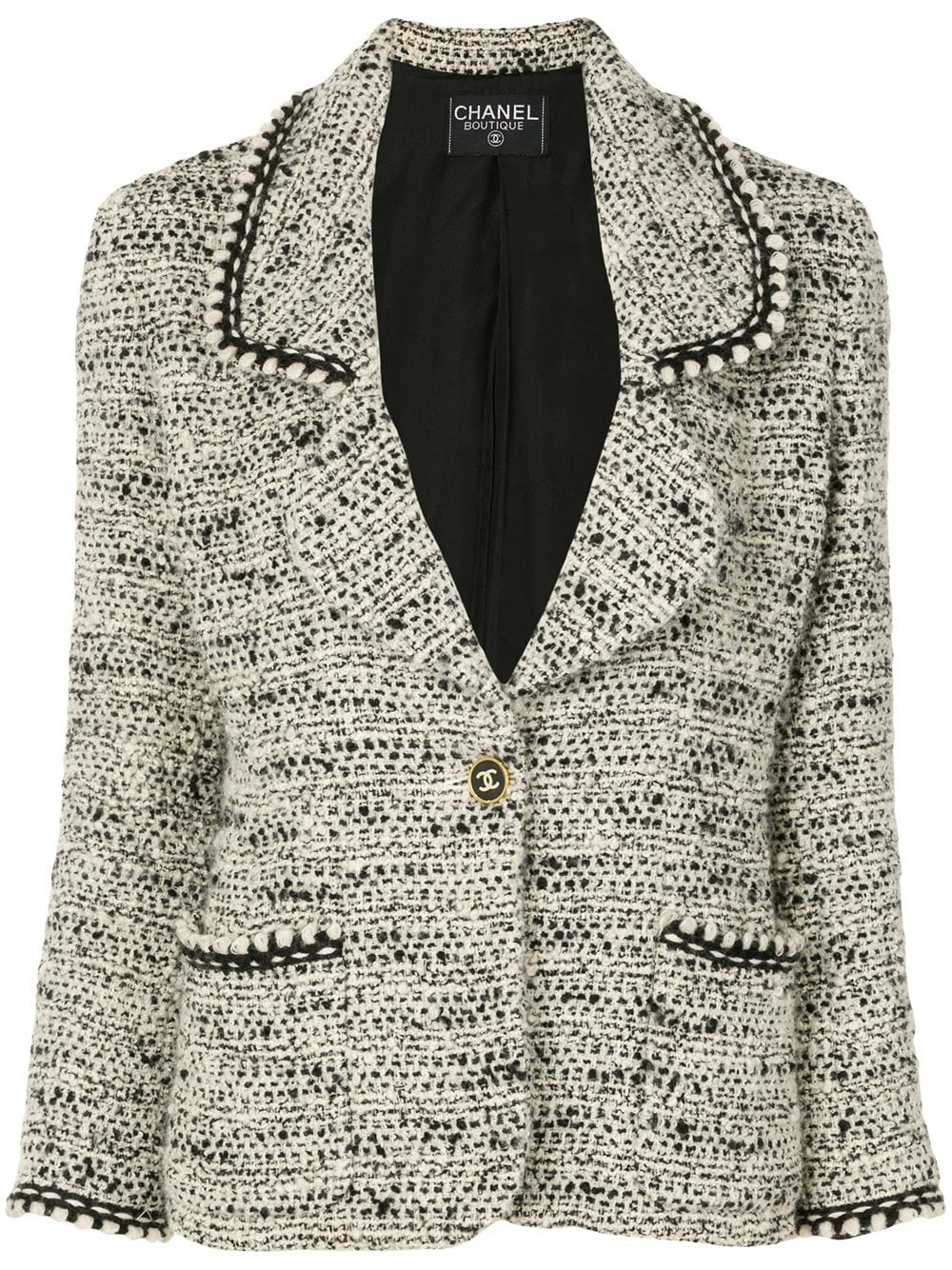 Chanel Women's CC Button Zip Up Collarless Jacket Tweed Neutral 2013881