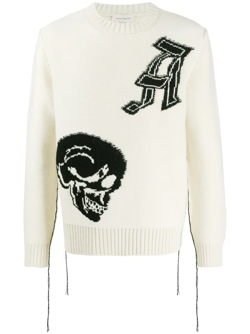 Click to view more detailed imagery on our partner's website Alexander Mcqueen Wool Jacquard Patched Skull Sweater In 9213 Ivrybl