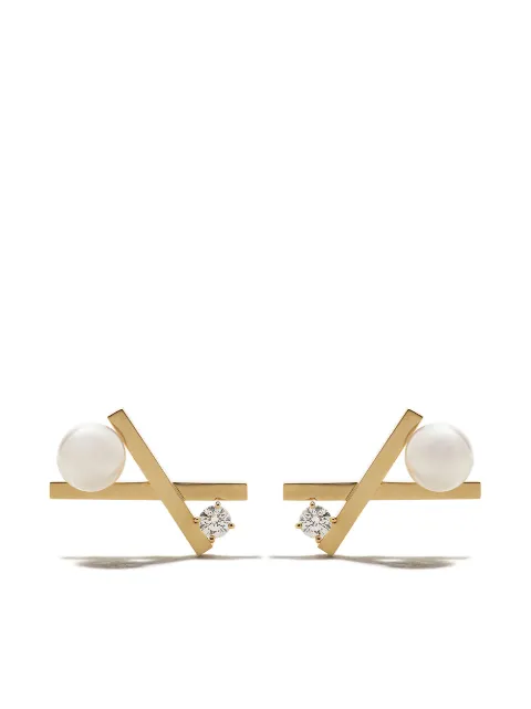TASAKI 18kt yellow gold Collection Line Balance cross Akoya pearl and diamond stud earrings