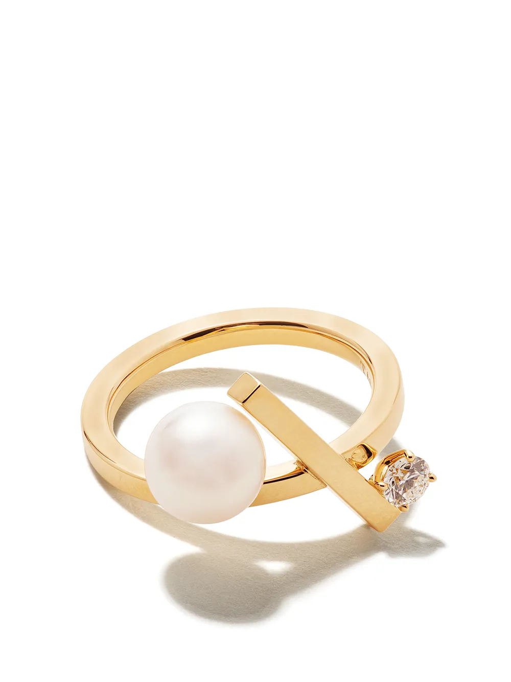 18kt yellow gold Collection Line Balance cross Akoya pearl and diamond ring