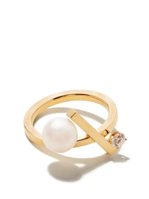 TASAKI 18kt yellow gold Collection Line Balance cross Akoya pearl and diamond ring