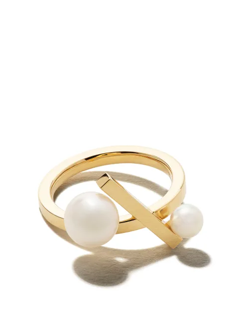 TASAKI 18kt yellow gold Collection Line Balance cross Akoya pearl ring