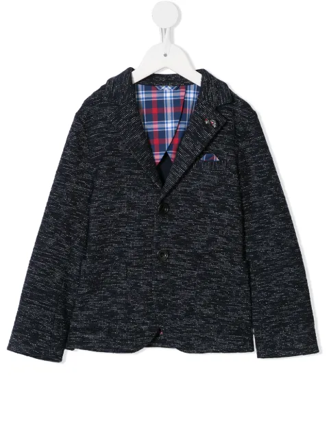 familiar plaid detail car embroidered blazer