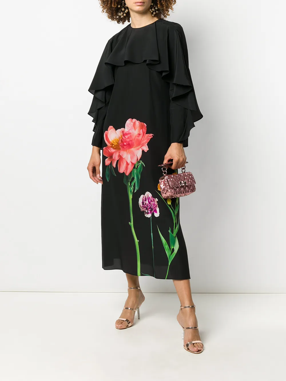 Valentino Garavani Midi-jurk met bloemenprint - Zwart