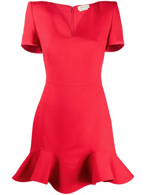Alexander McQueen V-neck Frilled Hem Dress in Red