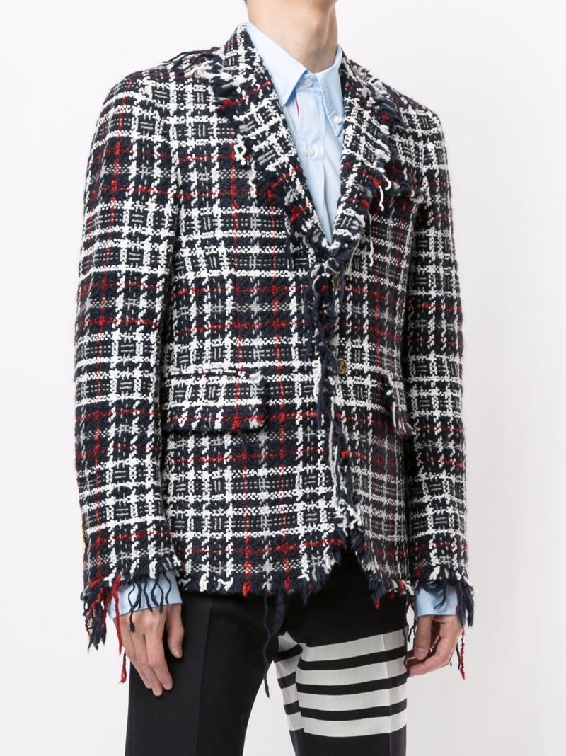 Shop Thom Browne Check Tweed Jacket In Blue