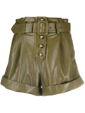 Self-Portrait green faux-leather belted 
