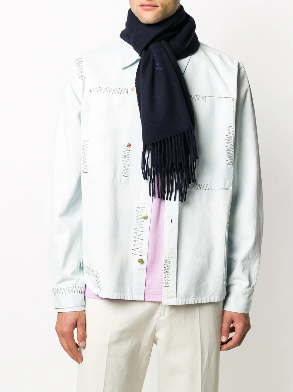 Pre-owned Saint Laurent Woven Fringed Scarf In Blue