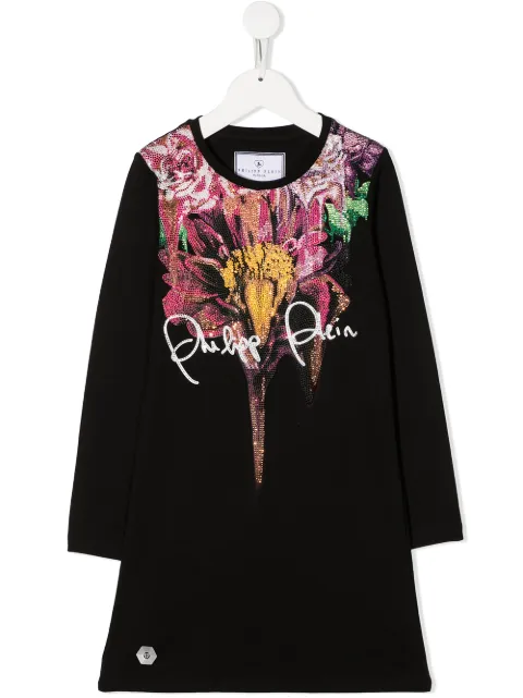 Philipp Plein Junior rhinestone floral print dress