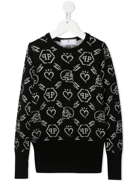 Philipp Plein Junior monogram print round neck jumper
