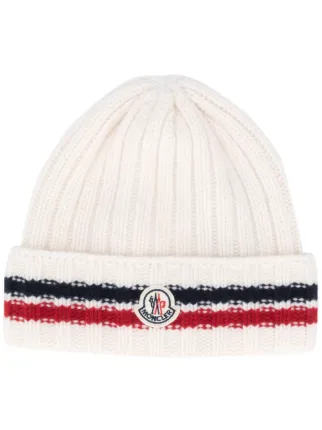 Shop white Moncler logo patch beanie 