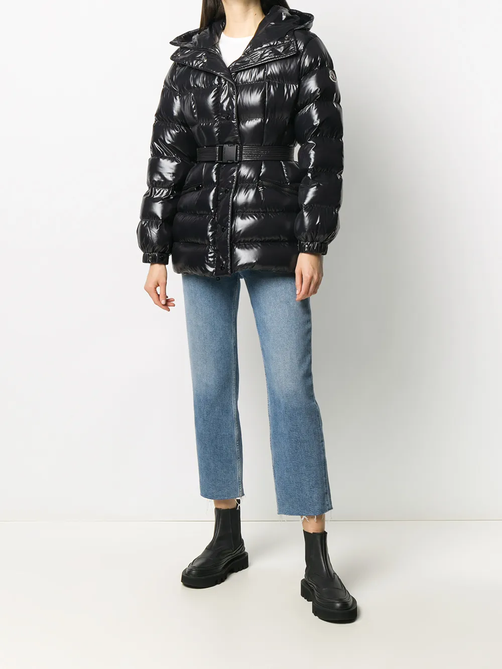 Shop black Moncler belted padded jacket 