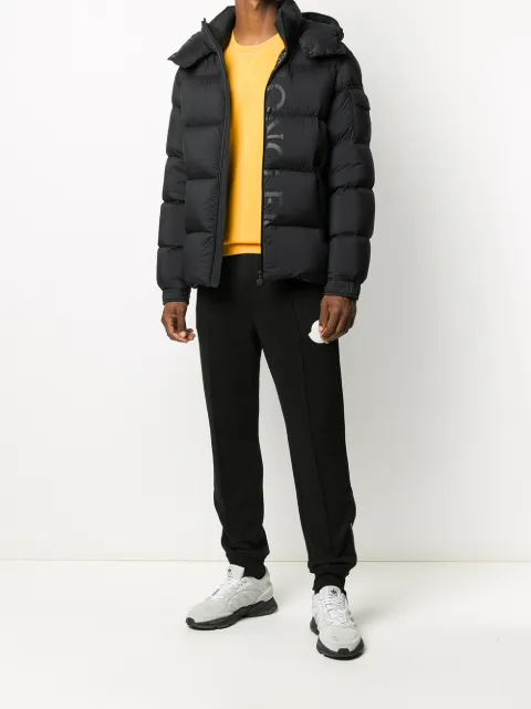 Moncler black logo print quilted jacket 