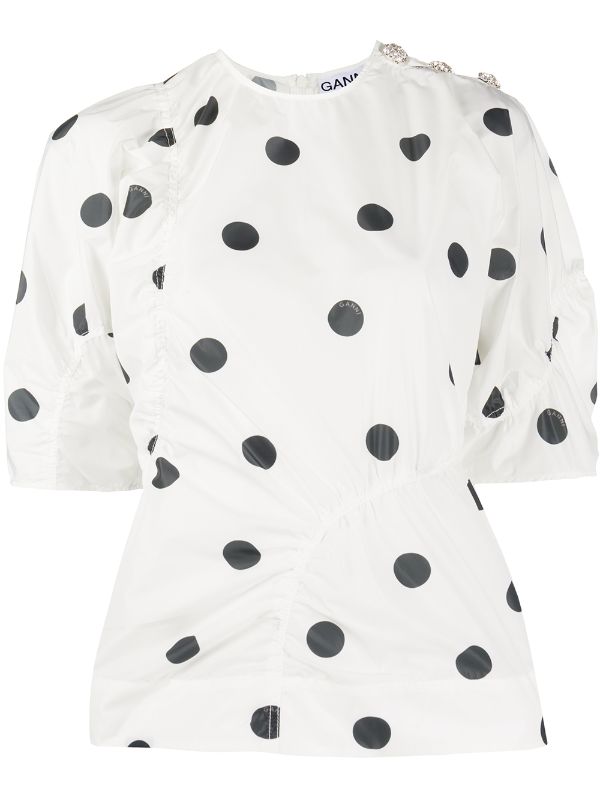 New Look puff sleeve poplin top in white polka dot, ASOS