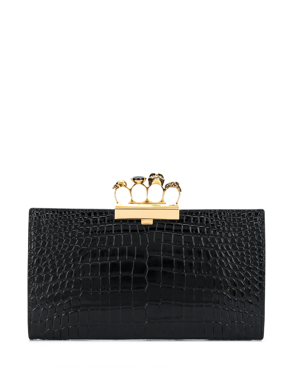 Click to view more detailed imagery on our partner's website Alexander Mcqueen Four Ring Embellished Croc-effect Leather Clutch In Black