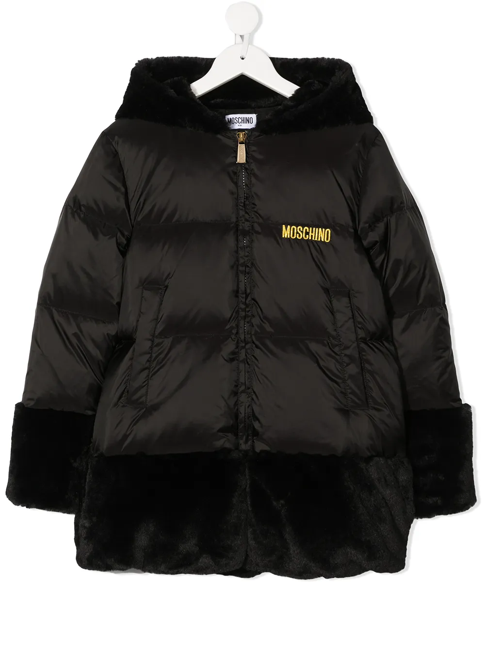 Moschino Kids пальто с искусственным мехом и капюшоном