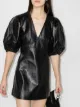 Image 2 of GANNI V-neck puff-sleeve leather mini dress