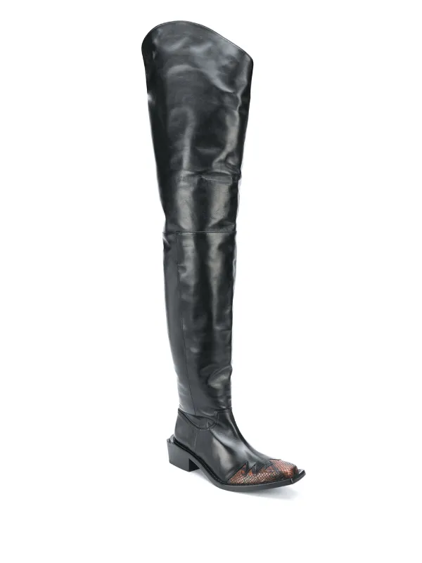 black and white snakeskin thigh high boots