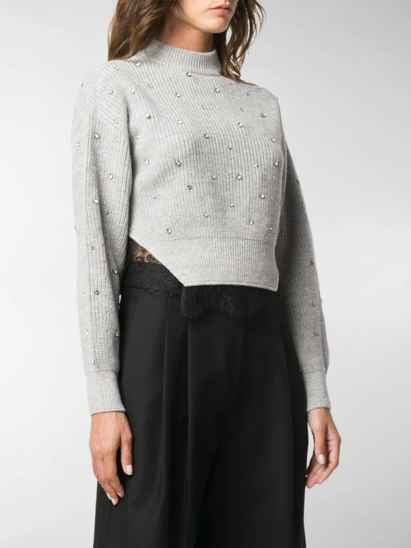 Self-Portrait lace-hem crystal sweater 