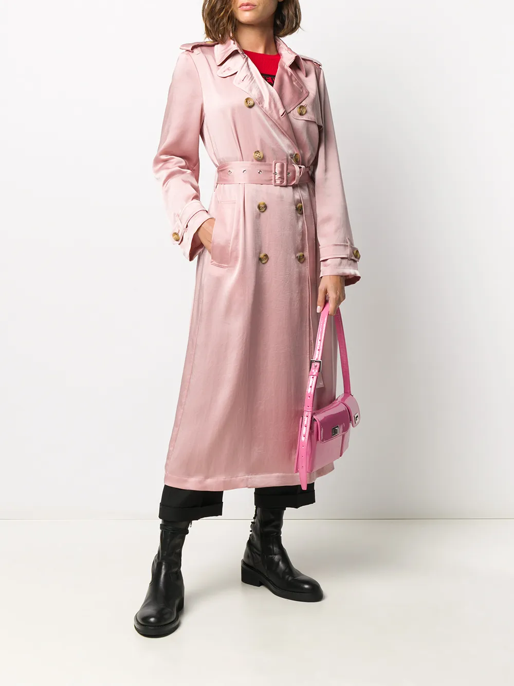 red satin trench coat