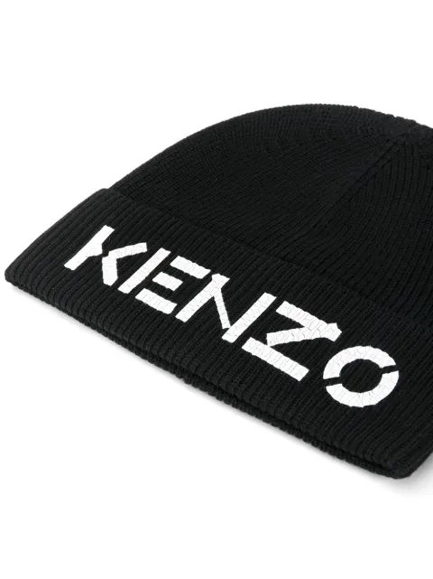 KENZO LOGO PRINT RIBBED BEANIE
